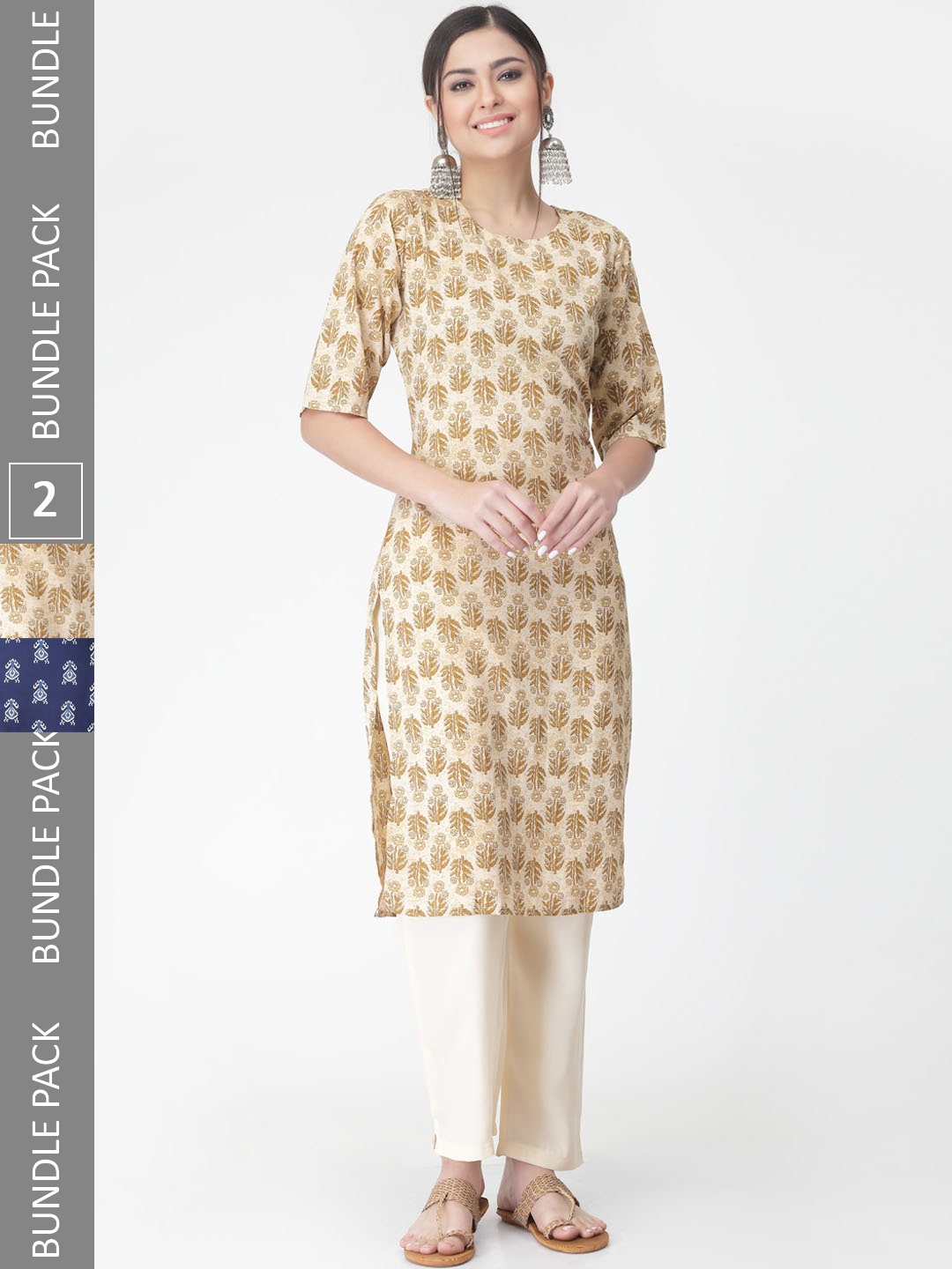 

7Threads Pack Of 2 Printed Straight Kurta with Trousers, Brown