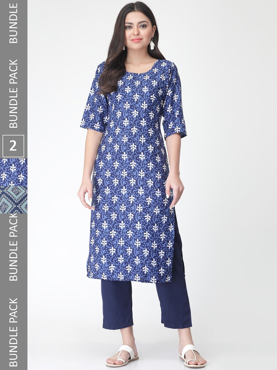 

7Threads A Selection Of 2 Floral Printed Regular Straight Kurta With Trousers, Blue