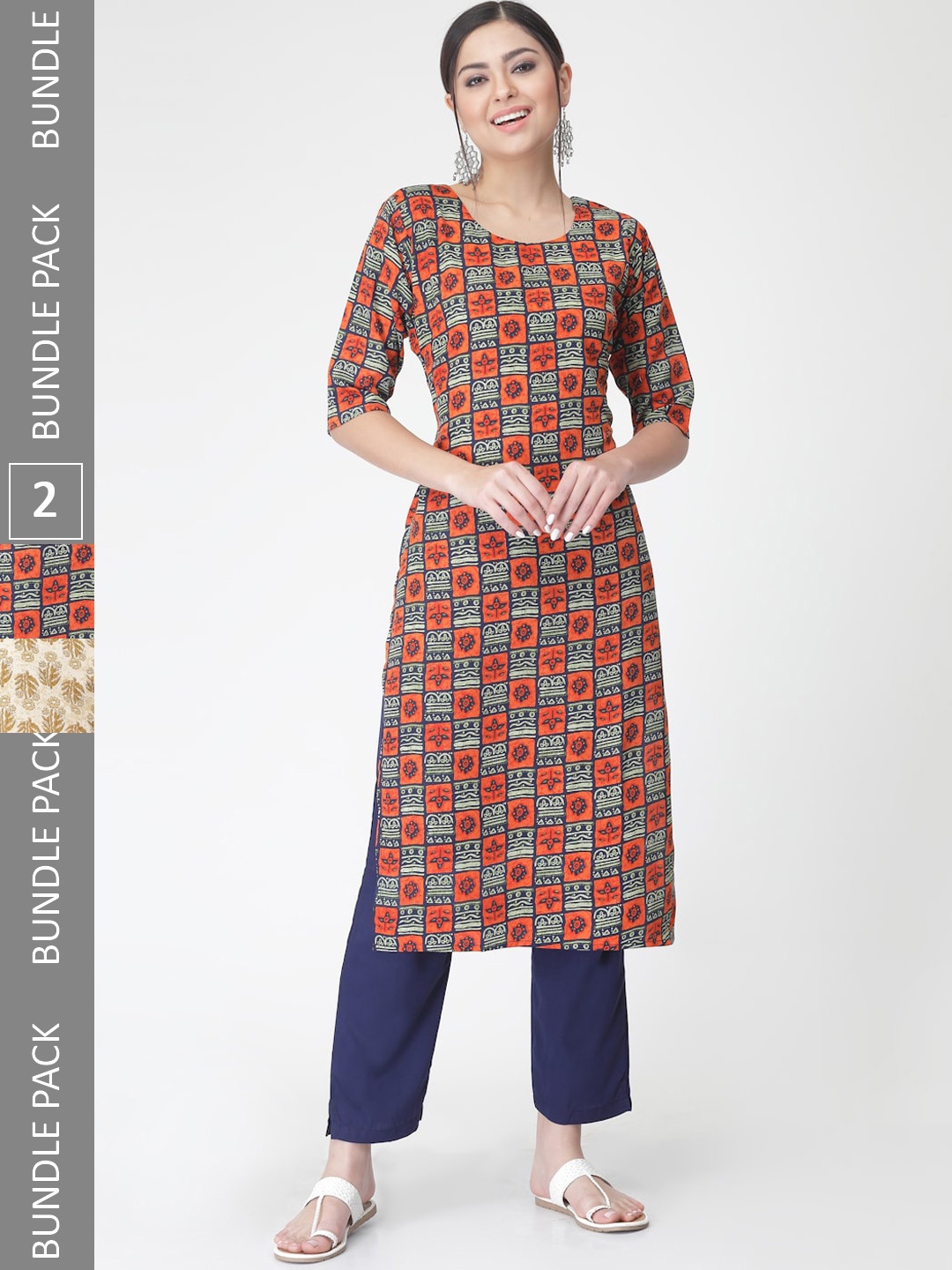 

7Threads A Selection Of 2 Floral Printed Regular Straight Kurta With Trousers, Beige