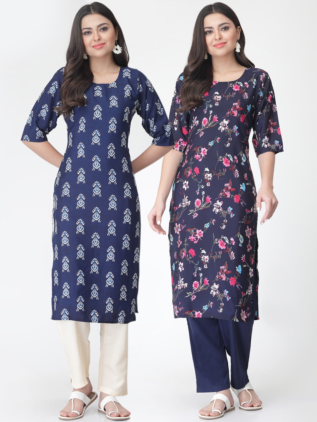 

7Threads Pack of 2 Floral Printed Regular Kurta with Trousers, Blue