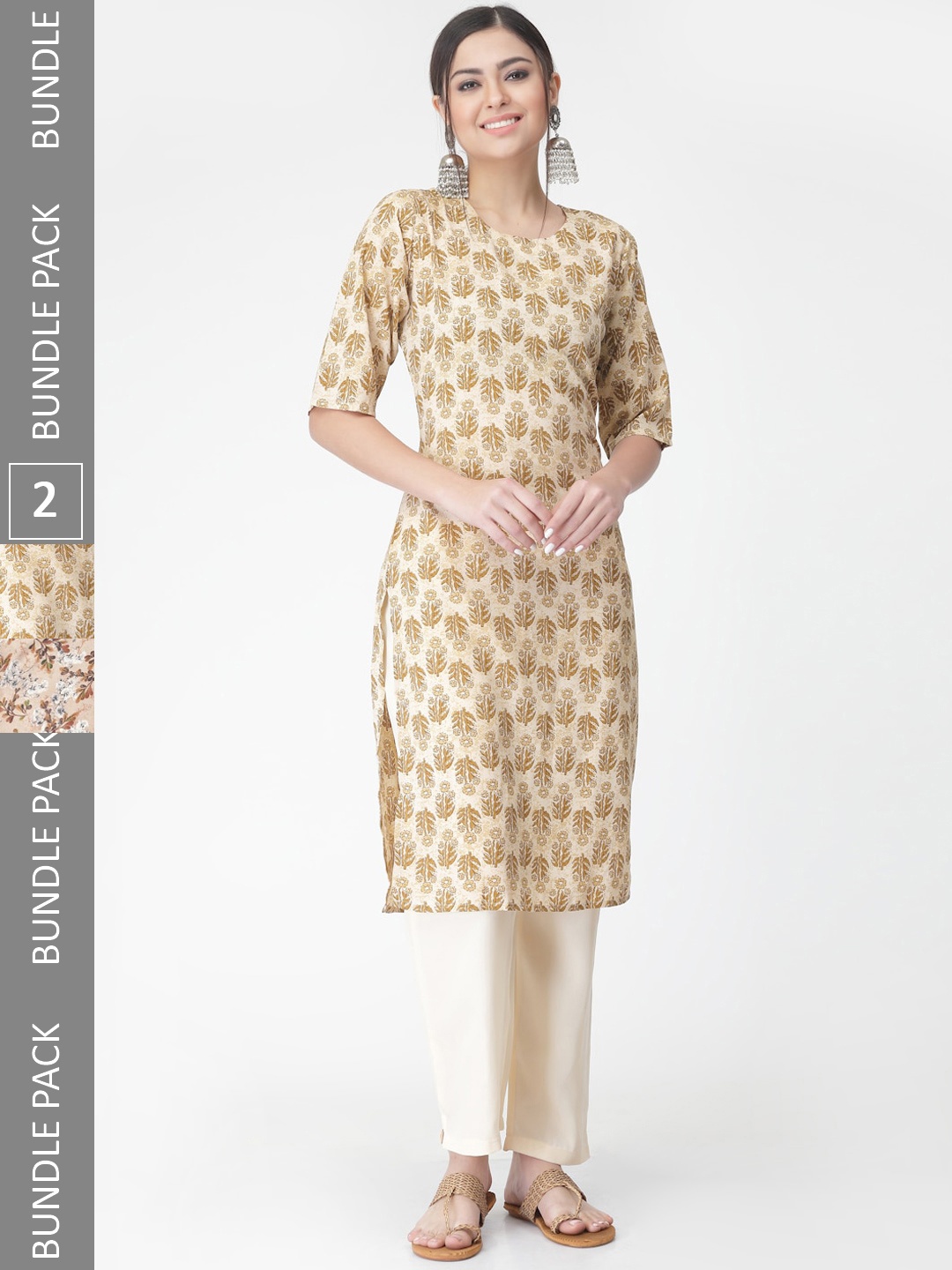 

7Threads A Selection Of 2 Floral Printed Regular Straight Kurta With Trousers, Yellow