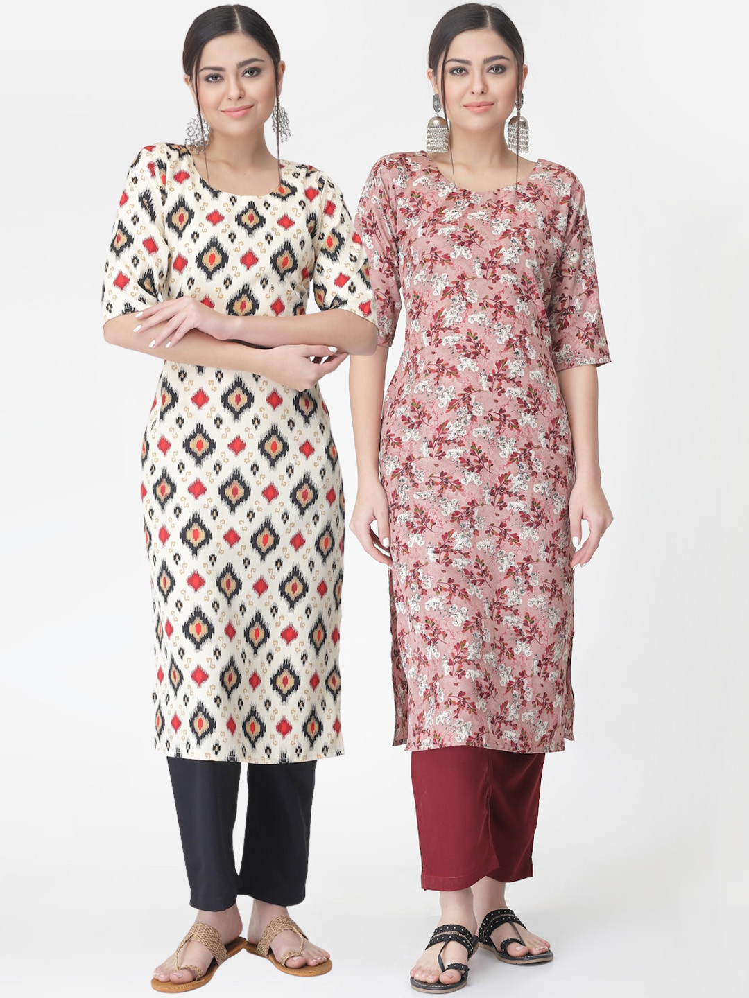

7Threads Pack of 2 Floral Printed Regular Kurta with Trousers, White