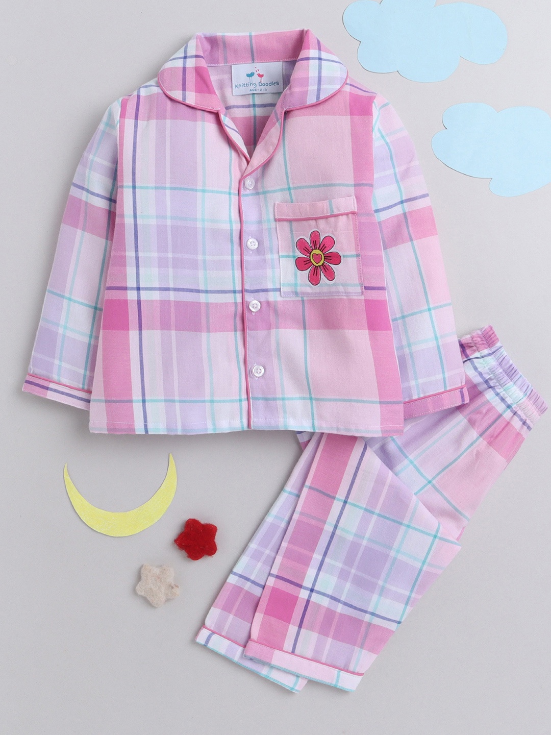 

Knitting Doodles Girls Checked Night Suit, Pink