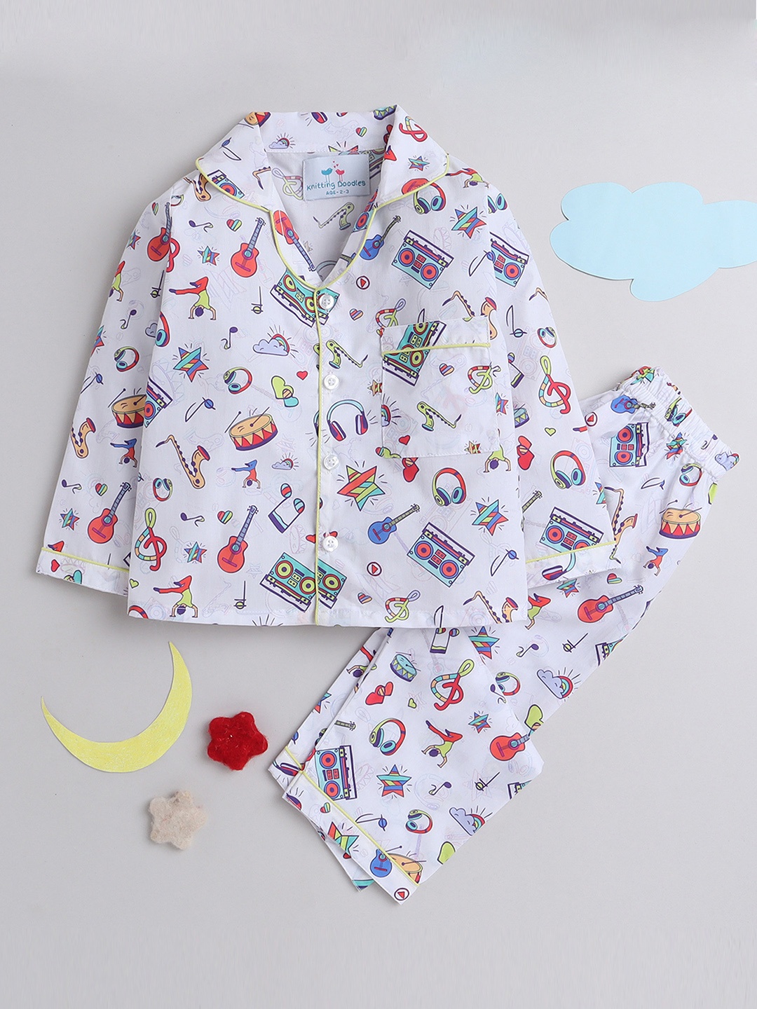 

Knitting Doodles Kids Conversational Printed Night Suit, White