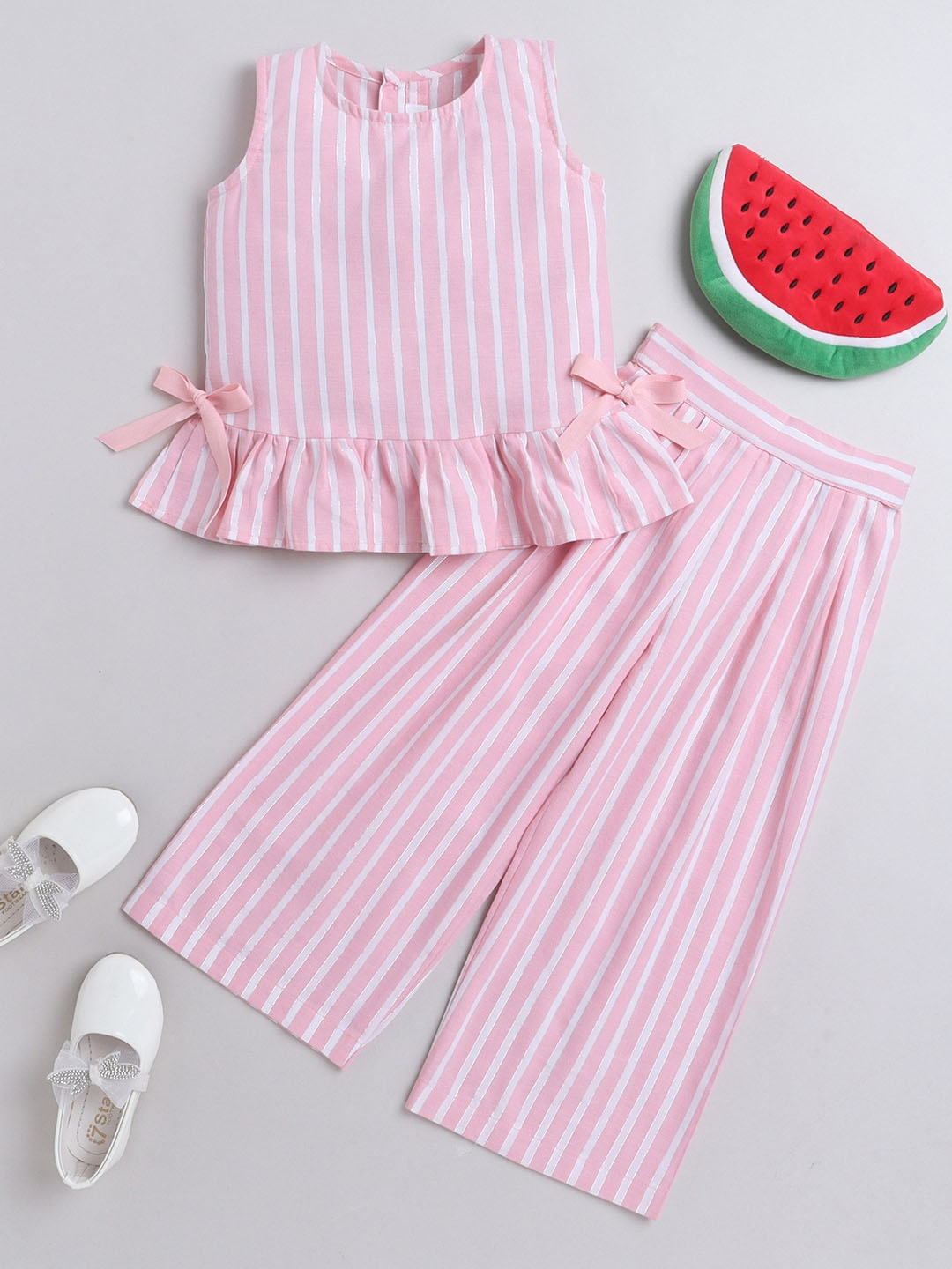 

Knitting Doodles Girls Striped Cotton Top With Palazzos Set, Pink