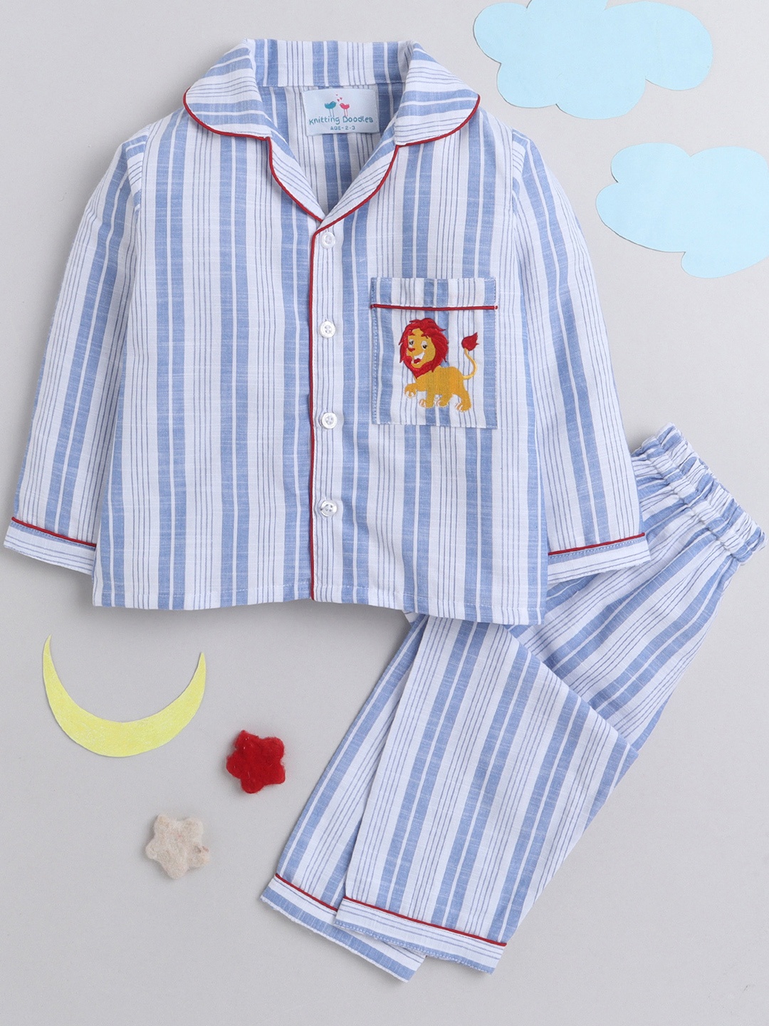 

Knitting Doodles Kids Striped Night Suit, Blue