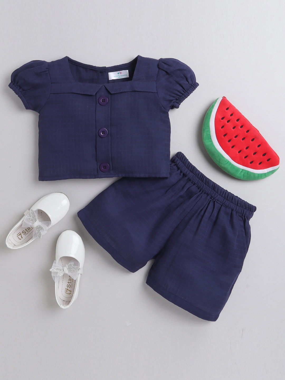 

Knitting Doodles Girls Cotton Top With Shorts Set, Navy blue