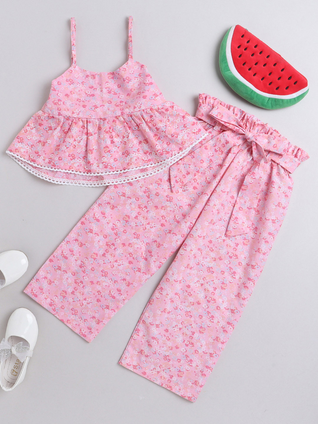 

Knitting Doodles Girls Floral Printed Cotton Top With Trousers Set, Pink