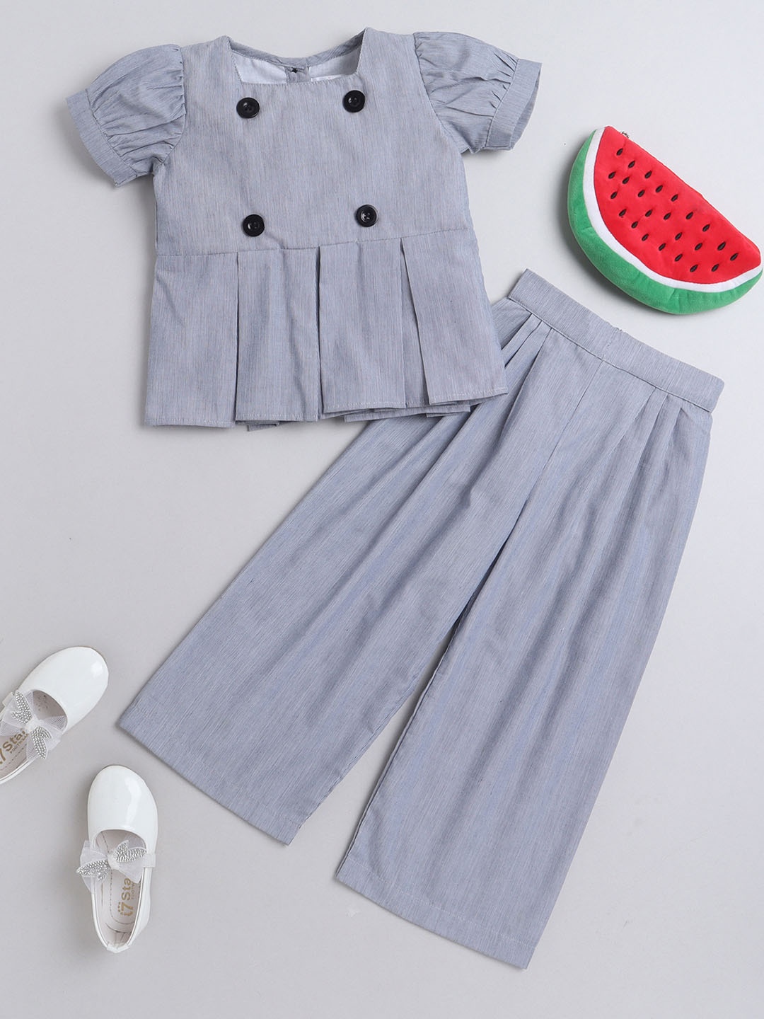 

Knitting Doodles Girls Striped Cotton Top With Palazzos Set, Black