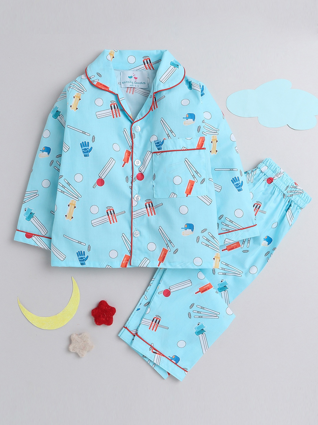 

Knitting Doodles Kids Conversational Printed Night Suit, Blue