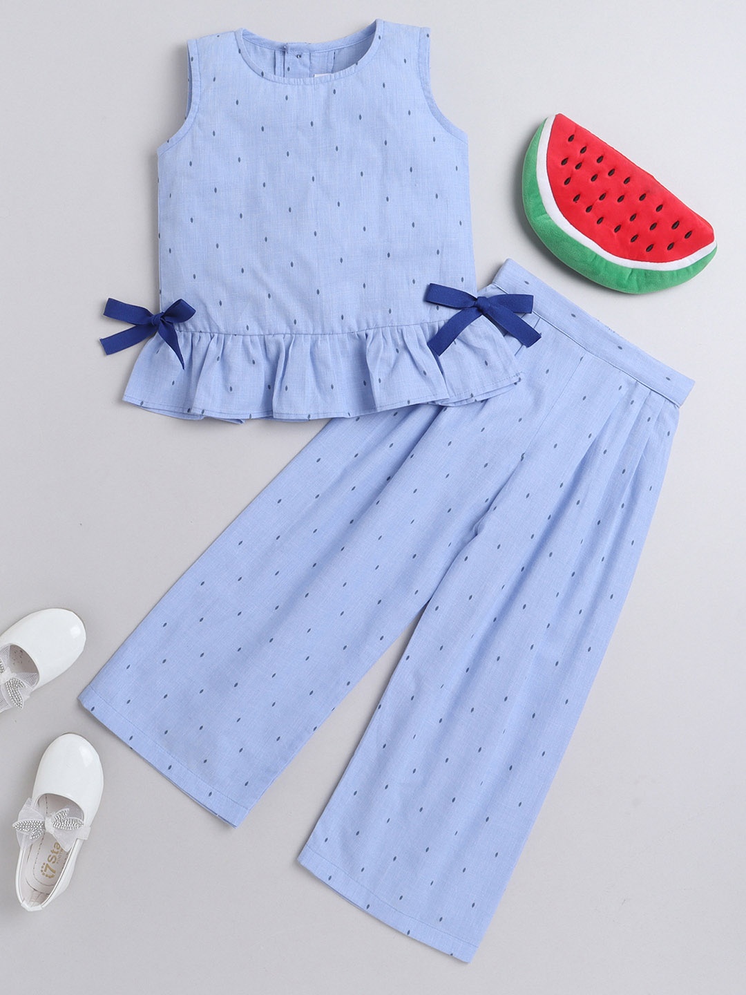 

Knitting Doodles Girls Printed Cotton Peplum Top With Palazzos Set, Blue