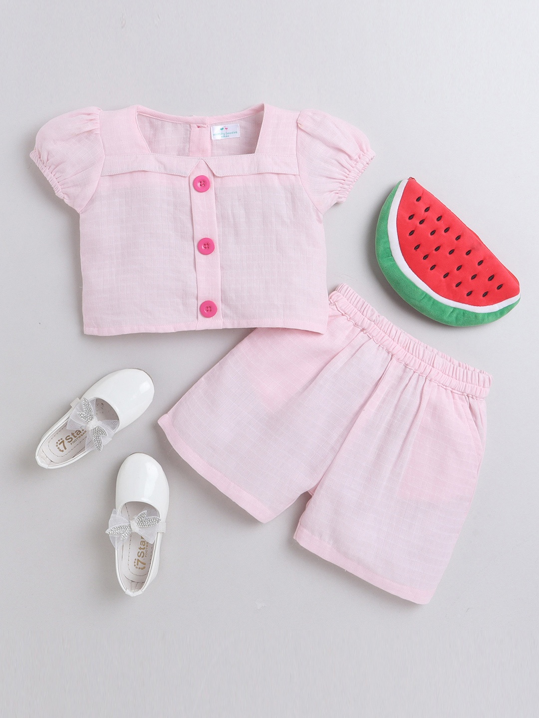 

Knitting Doodles Girls Checked Cotton Top With Shorts Set, Pink