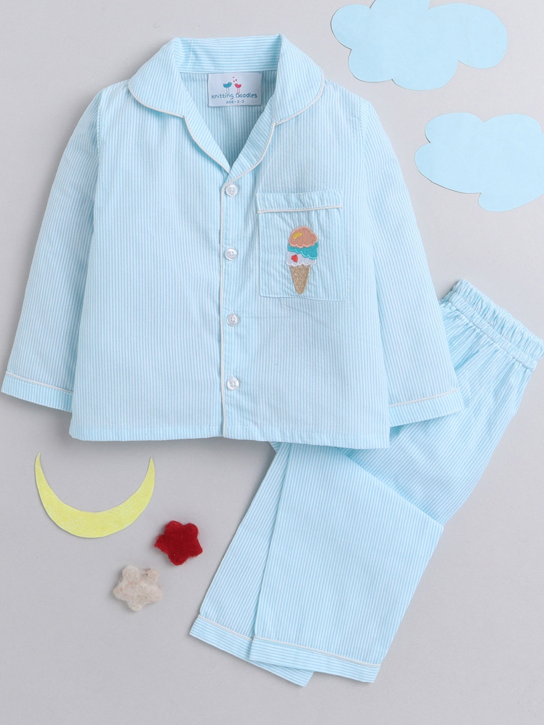 

Knitting Doodles Kids Striped Night Suit, Blue