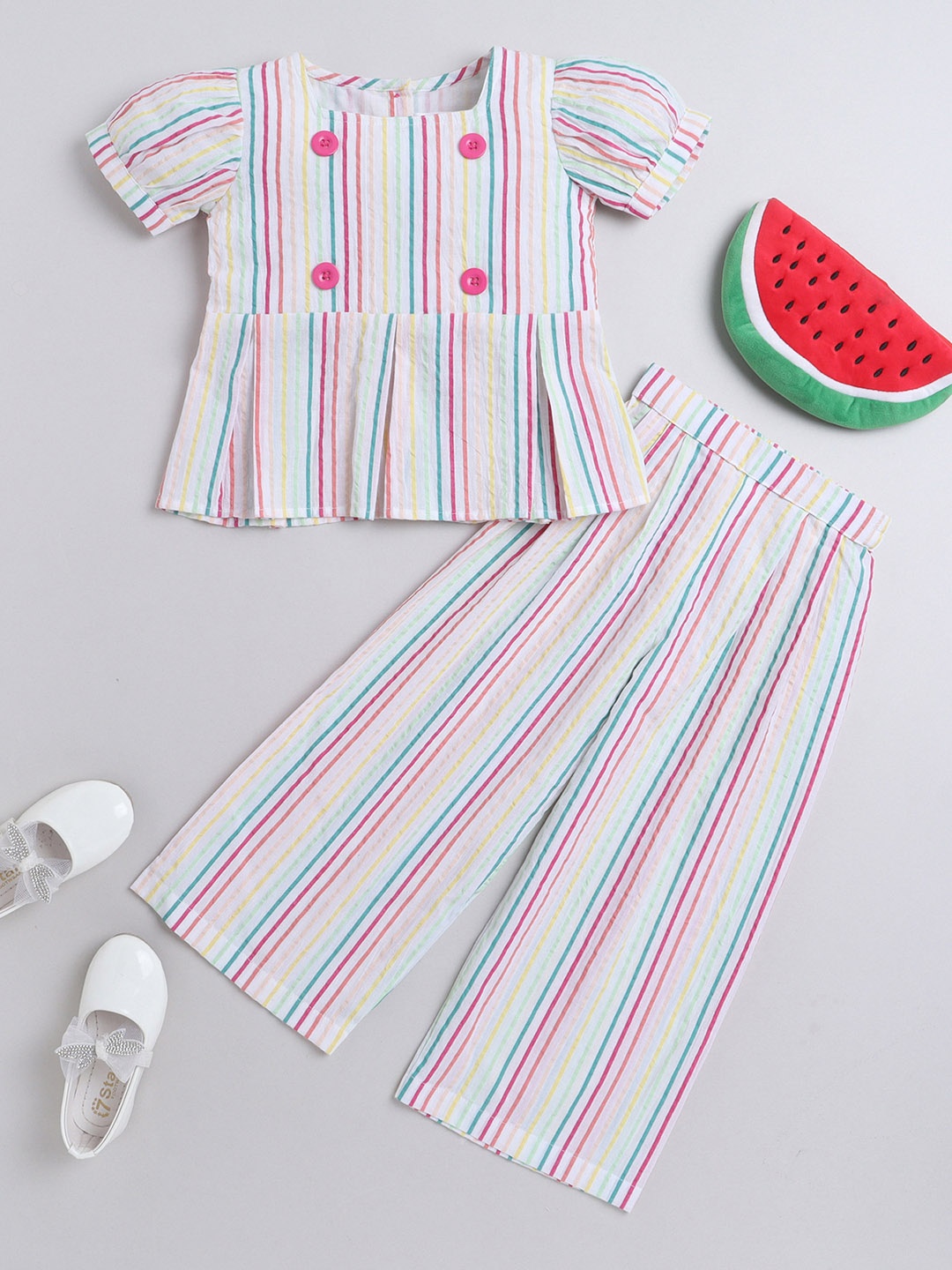 

Knitting Doodles Girls Striped Cotton Top With Palazzos Set, Pink