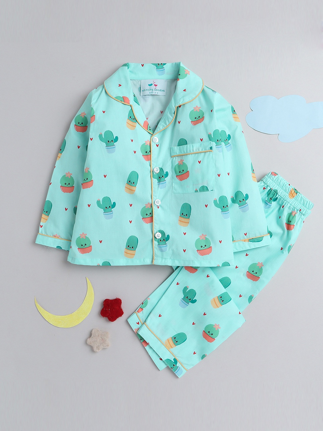 

Knitting Doodles Kids Conversational Printed Night Suit, Sea green