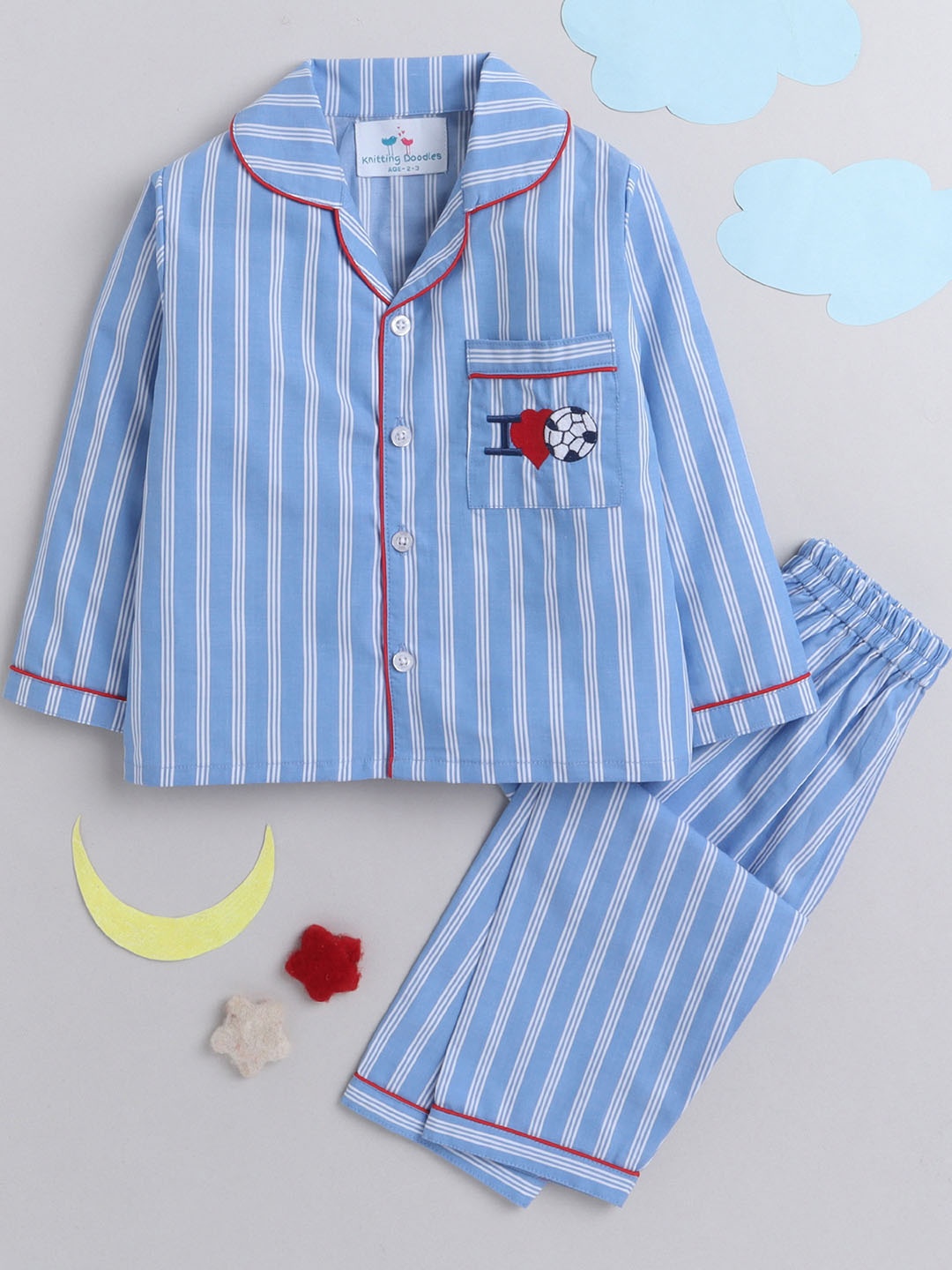 

Knitting Doodles Kids Striped Night Suit, Blue