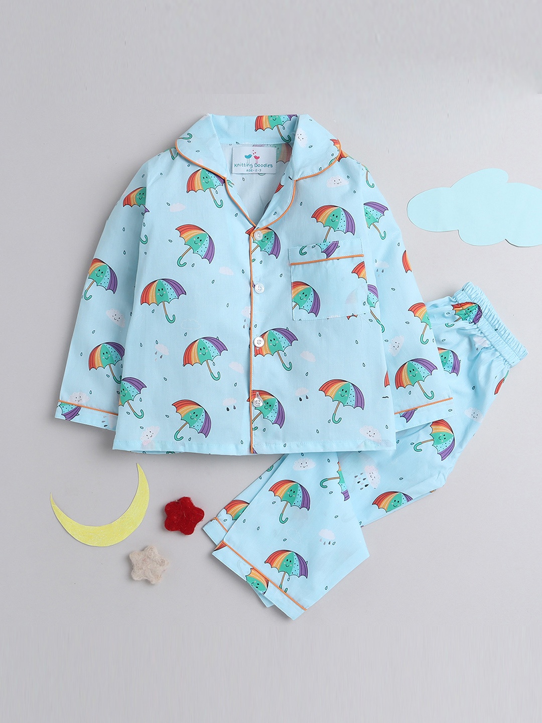

Knitting Doodles Kids Conversational Printed Night Suit, Blue
