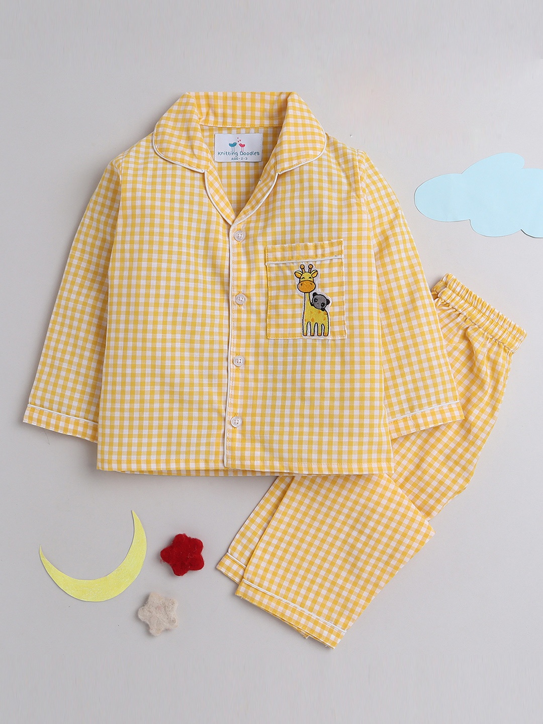 

Knitting Doodles Kids Checked Night Suit, Yellow