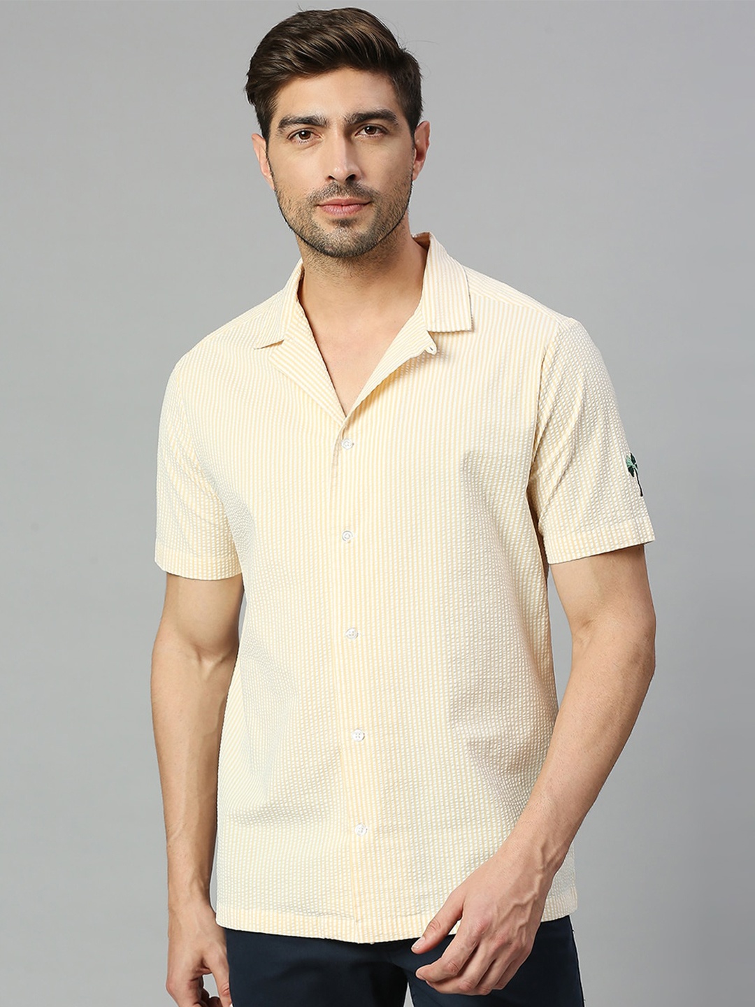 

Thomas Scott Classic Slim Fit Vertical Striped Seersucker Cotton Casual Shirt, Yellow