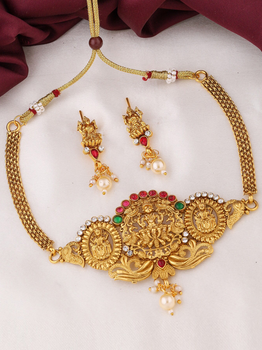 

ROFARWORD Gold-Plated Stone-Studded & Beaded Jewellery Set