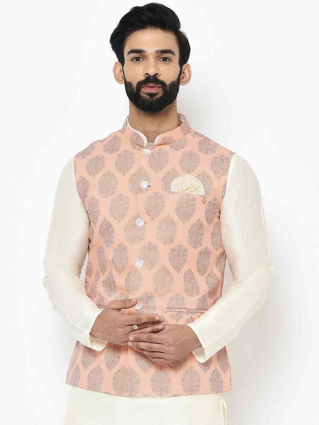 

KISAH Printed Nehru Jacket, Peach