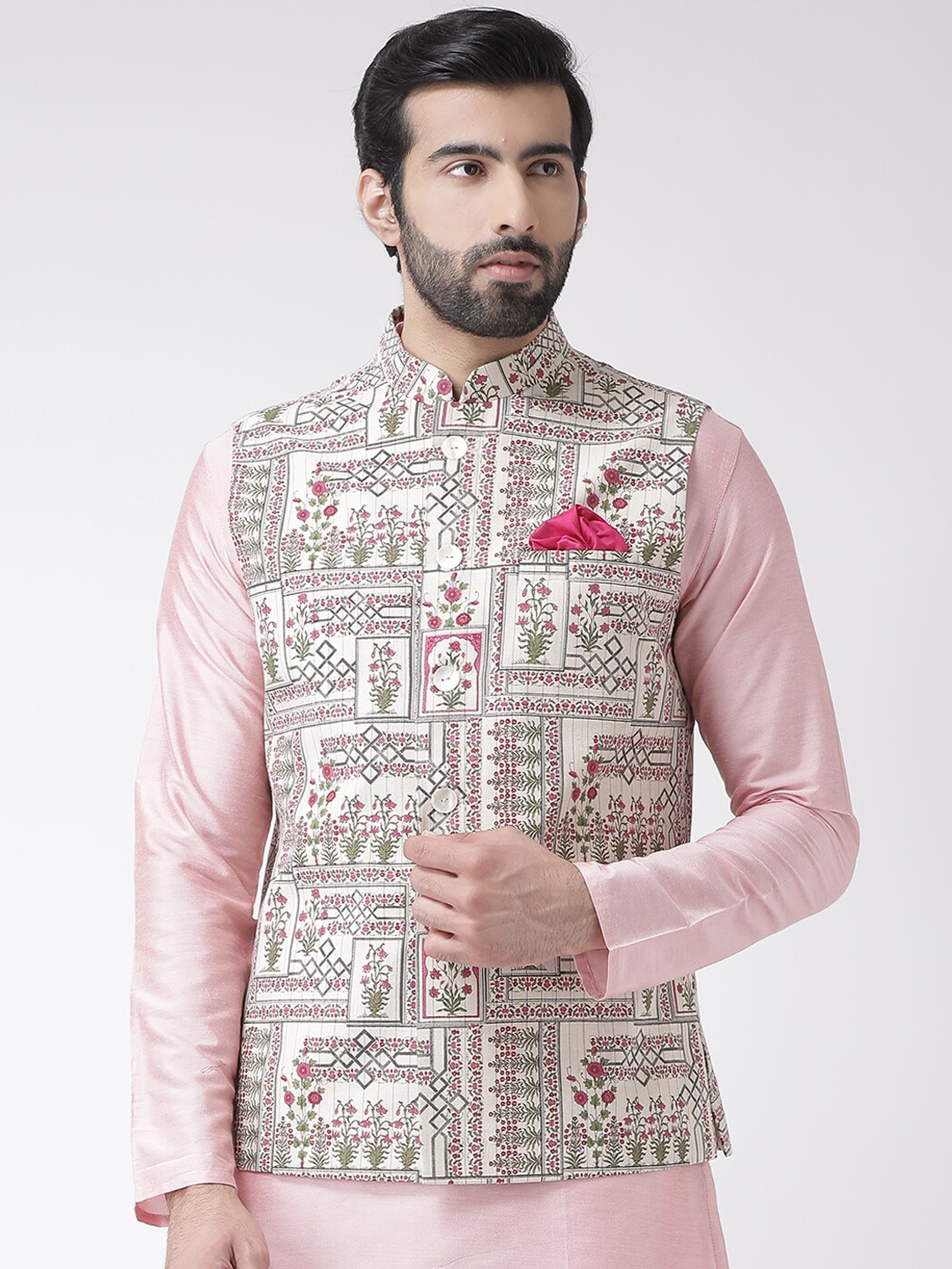 

KISAH Men Printed Zari Regular Fit Nehru Jacket, Grey