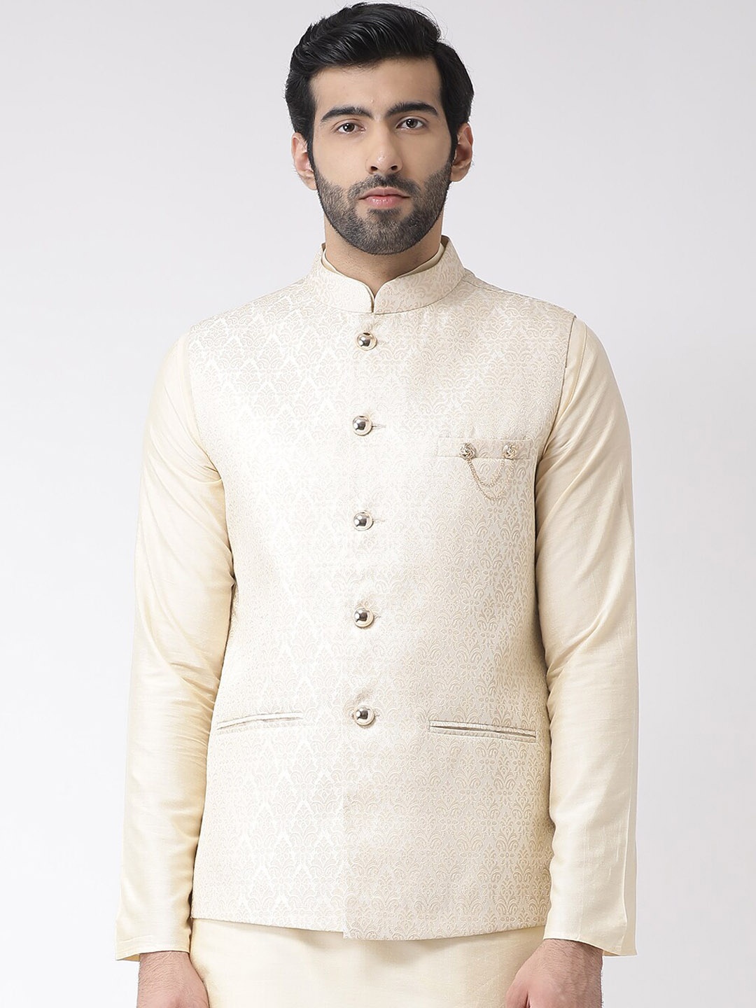 

KISAH Men Textured Regular Fit Ethnic Motifs Nehru Jacket, Cream