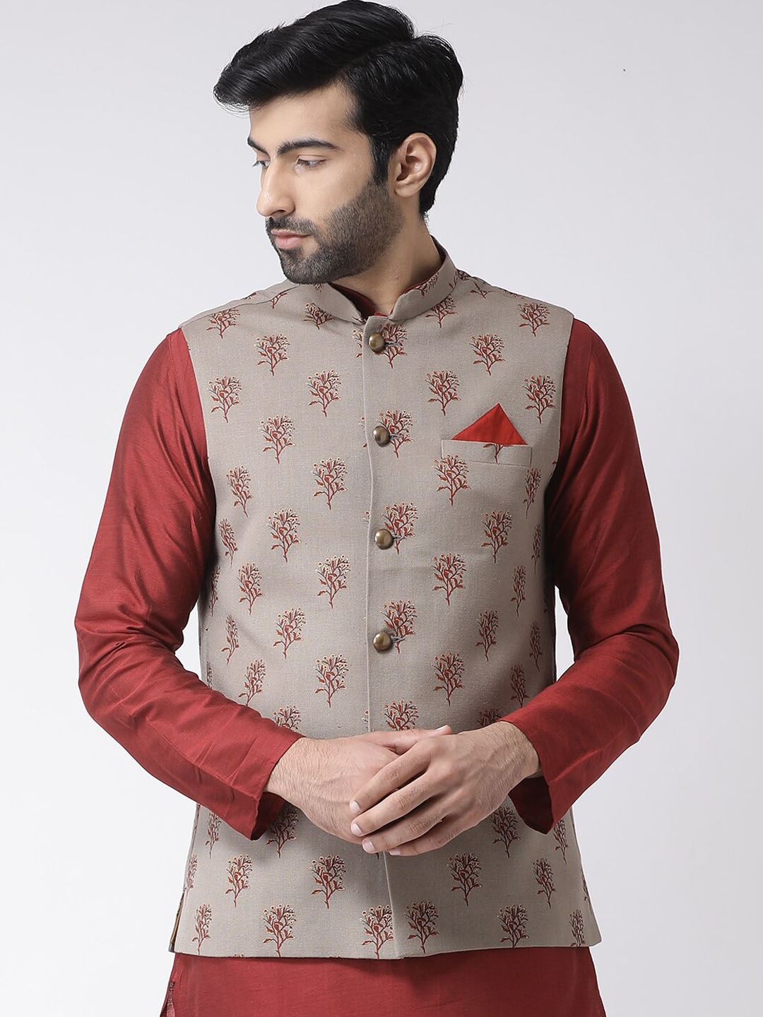 

KISAH Printed Nehru Jacket, Grey