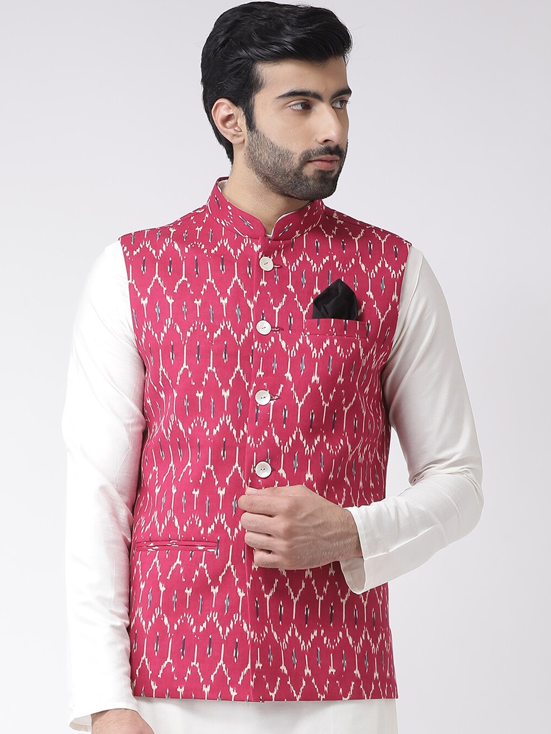 

KISAH Men Printed Zari Regular Fit Nehru Jacket, Pink