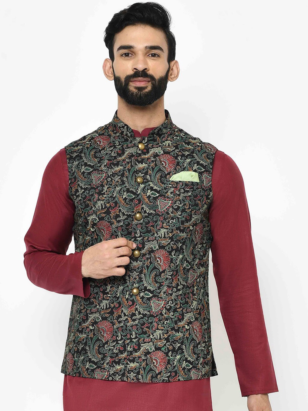 

KISAH Men Kantha Printed Regular Fit Nehru Jacket, Black