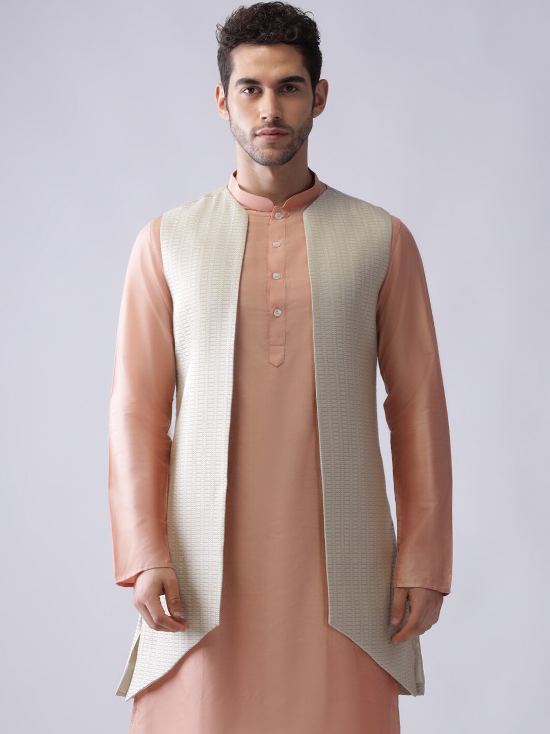 

KISAH Woven Design Front Open Longline Nehru Jacket, Off white