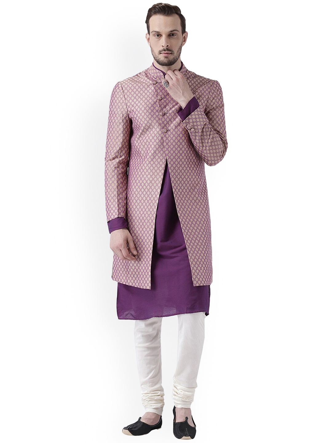 

KISAH Woven-Design Indo-Western Kurta Sherwani with Churidar Set, Pink
