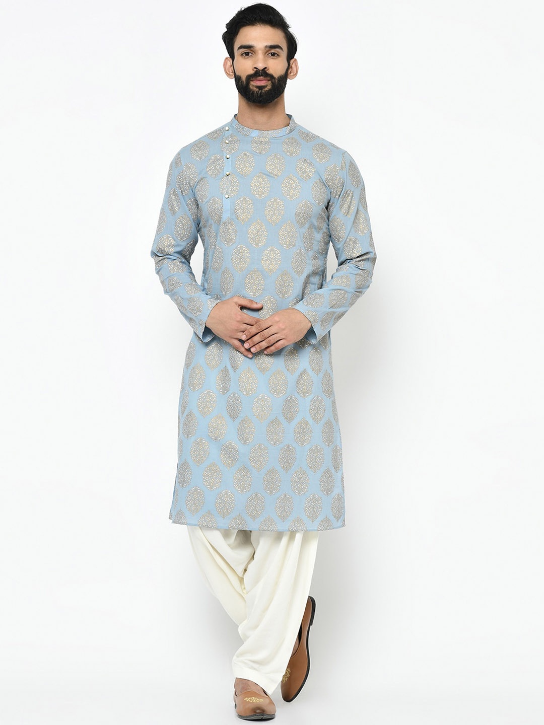 

KISAH Ethnic Motifs Printed Band Collar Kurta, Blue