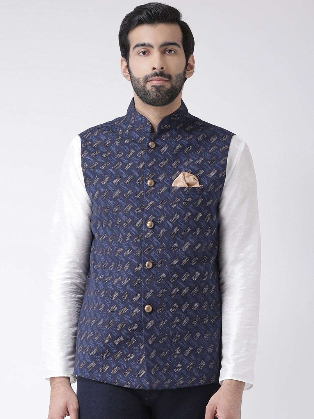 

KISAH Printed Nehru Jacket with Pocket Square, Navy blue