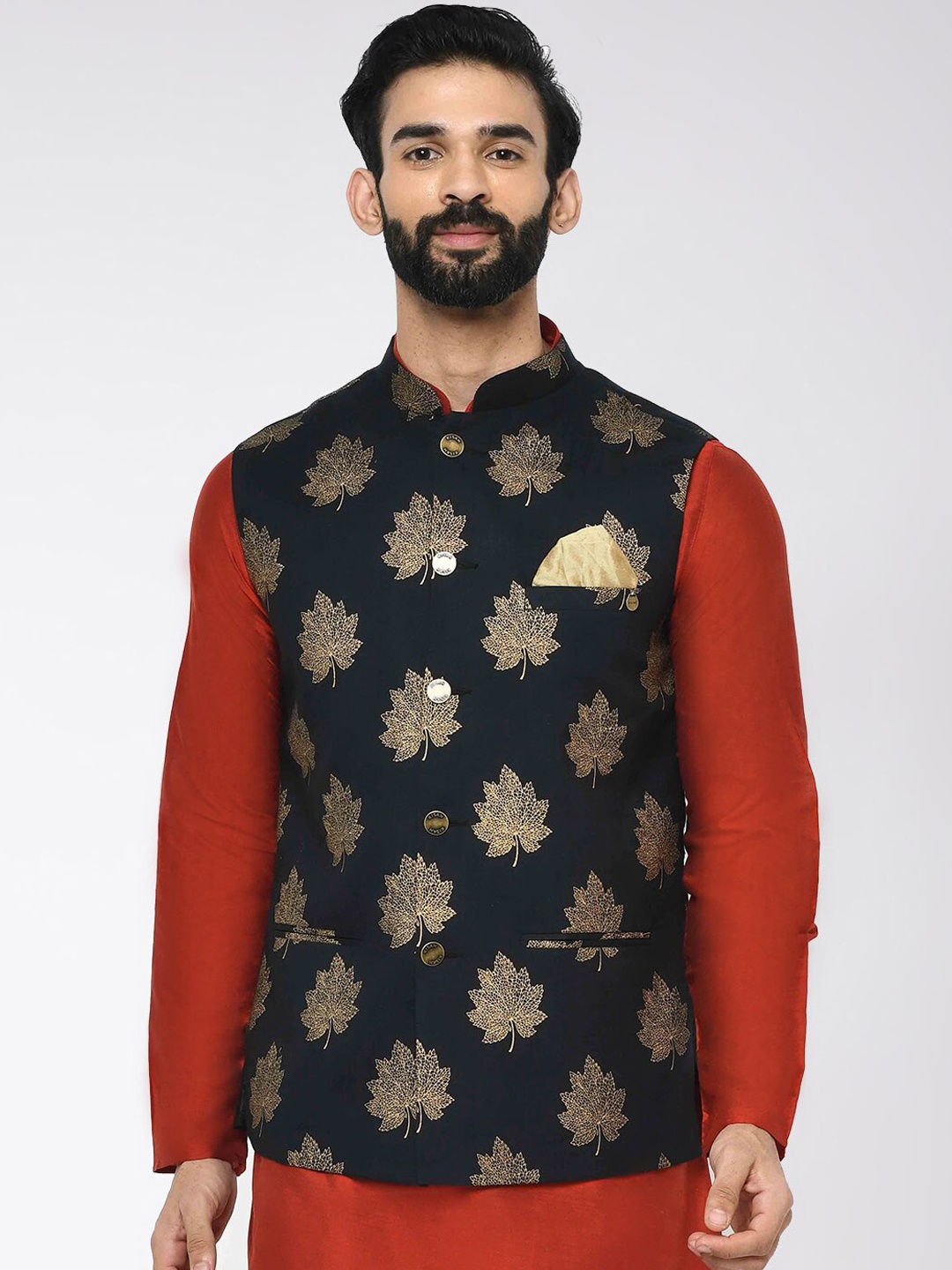 

KISAH Printed Nehru Jacket, Black