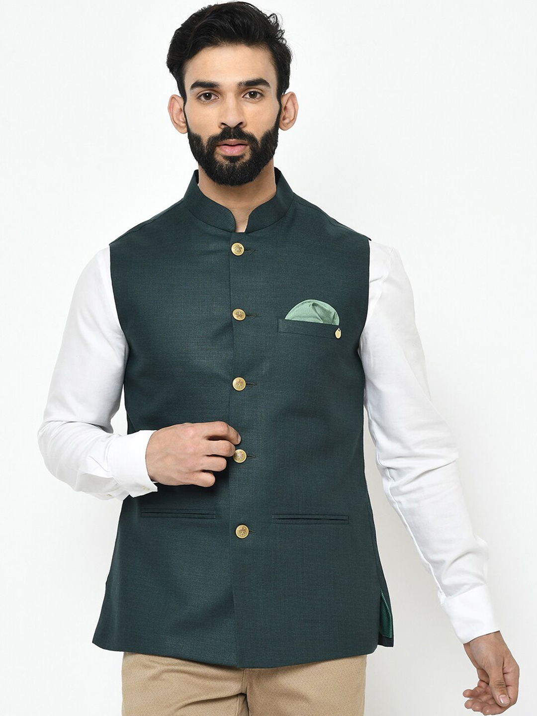 

KISAH Men Solid Zari Regular Fit Nehru Jacket, Green