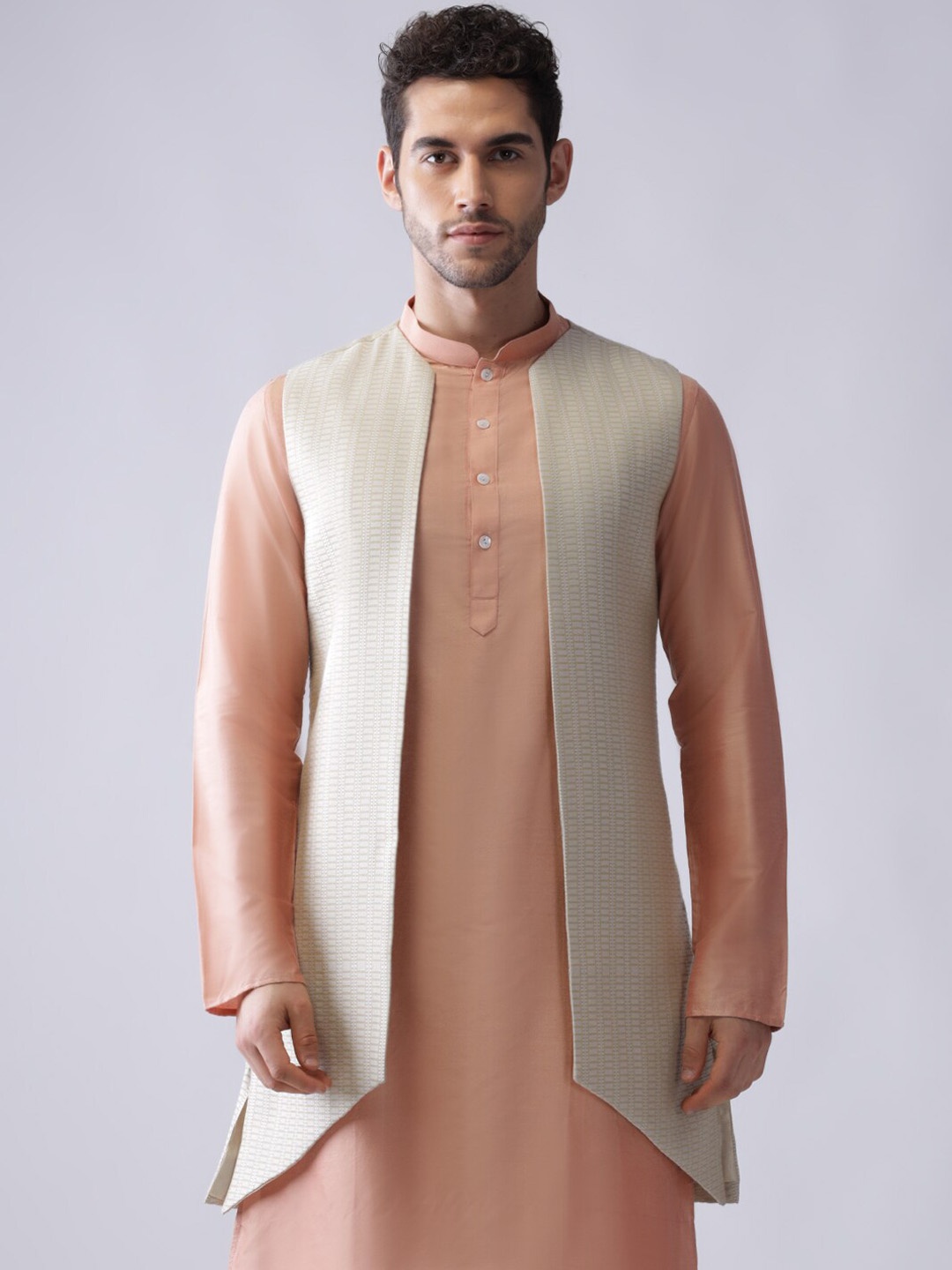 

KISAH Woven Designed Longline Open Front Shrug, Beige