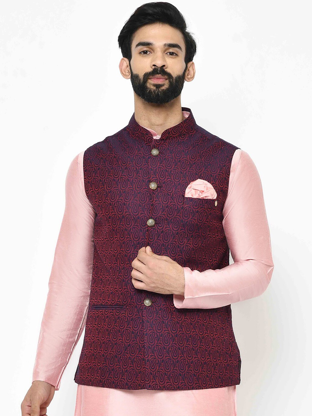 

KISAH Men Textured Zari Regular Fit Nehru Jacket, Fuchsia