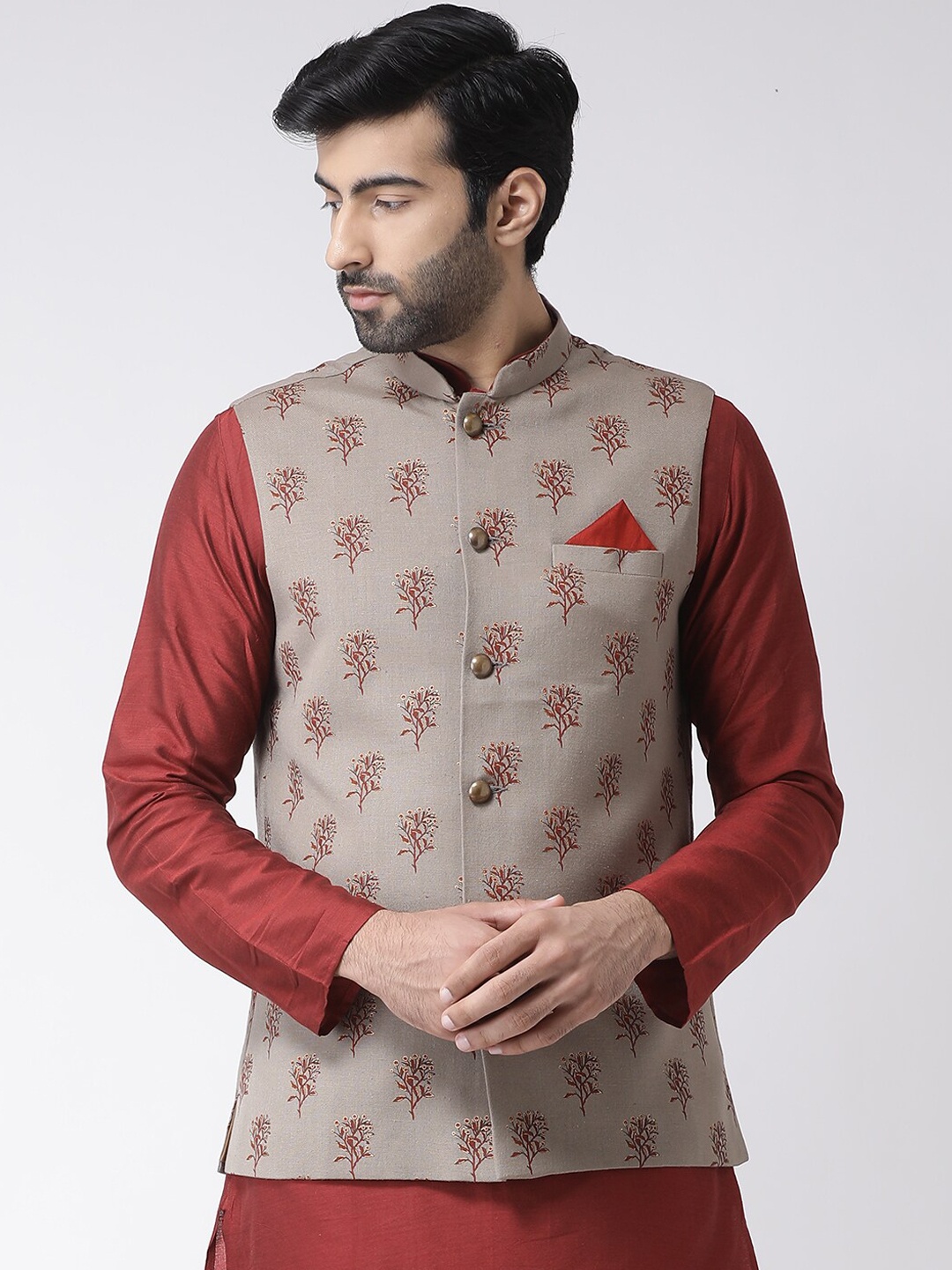 

KISAH Printed Nehru Jacket, Grey