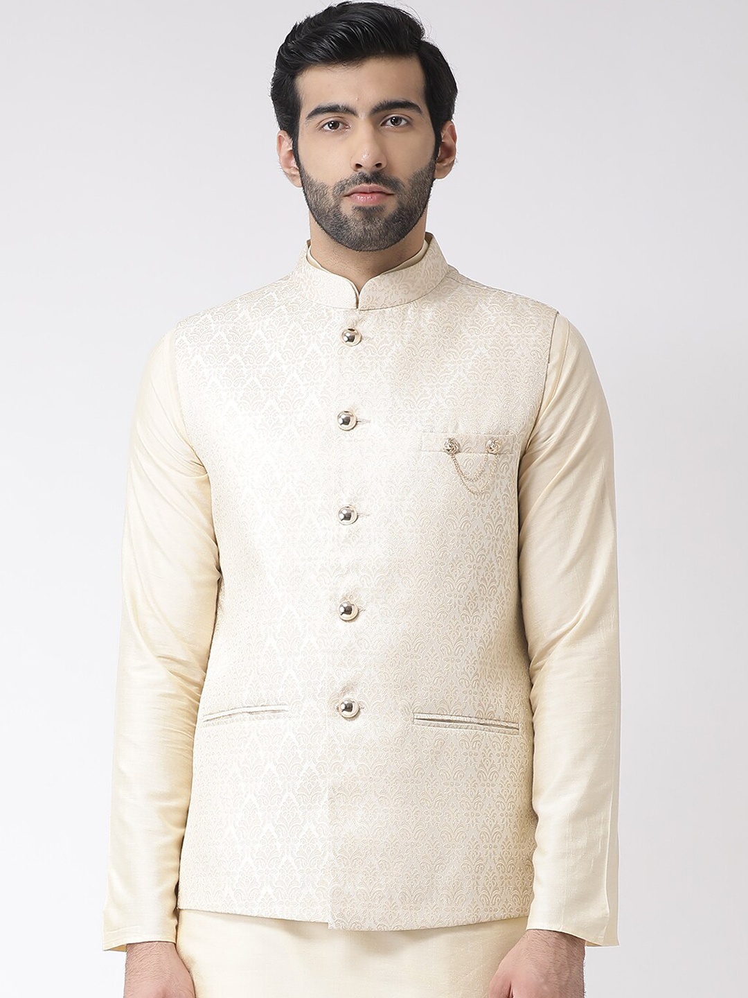 

KISAH Men Textured Regular Fit Ethnic Motifs Nehru Jacket, Cream