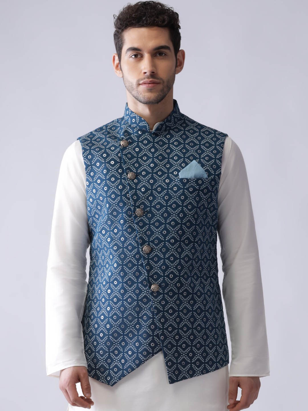 

KISAH Men Asymmetrical, Printed Zari Regular Fit Nehru Jacket, Blue