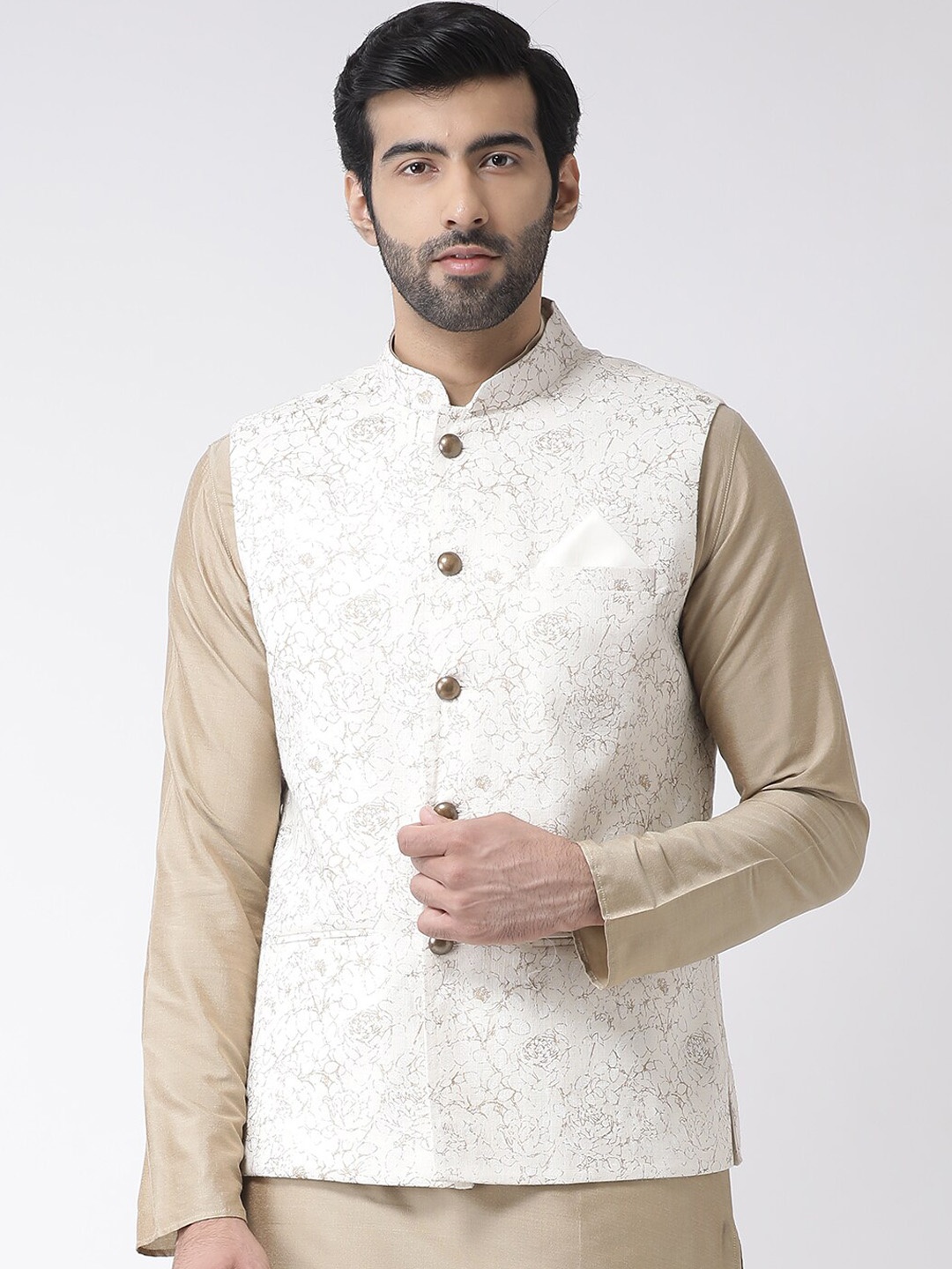 

KISAH Men Printed Zari Regular Fit Nehru Jacket, White