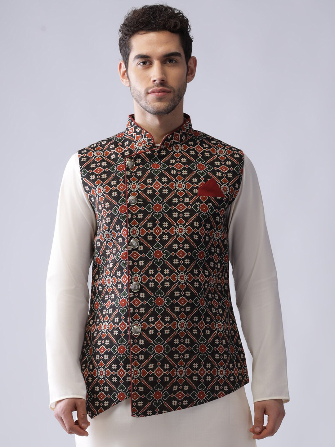 

KISAH Ethnic Motifs Printed Nehru Jacket with Pocket Square, Black