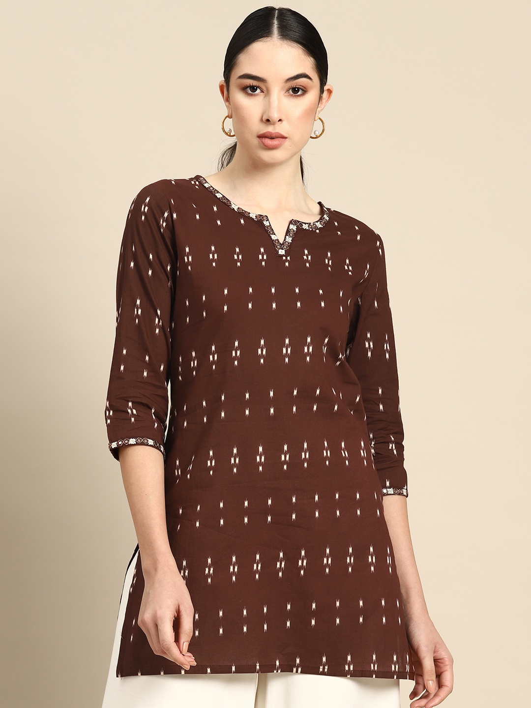 

Nayo Ikat Printed Embellished Cotton Tunic, Brown