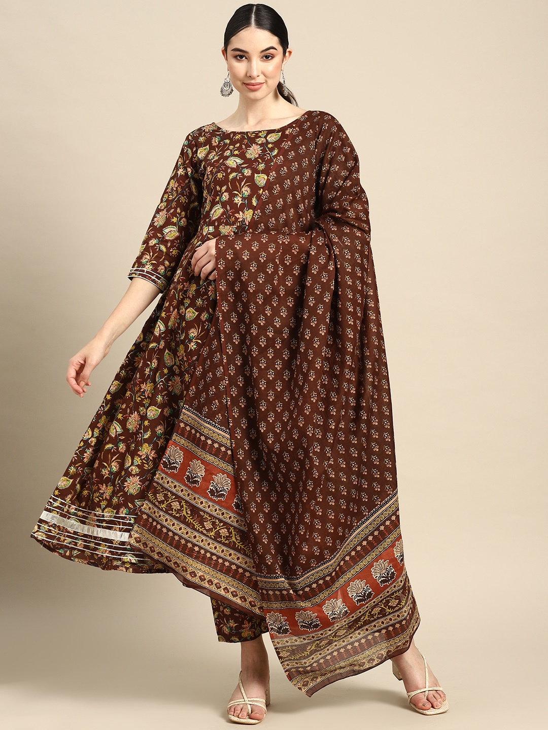 

Nayo Floral Printed Regular Pure Cotton Kurta with Trousers & With Dupatta, Brown