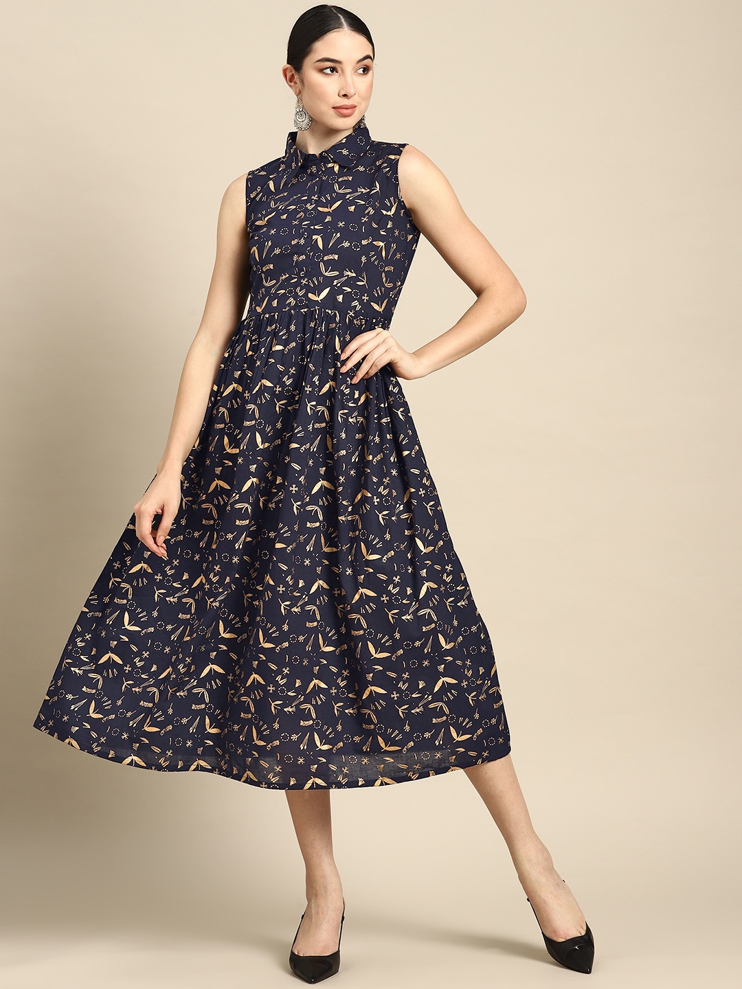 

Nayo Ethnic Motifs Print A-Line Cotton Midi Dress, Navy blue