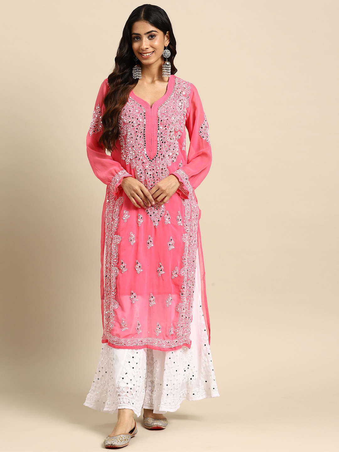 

Saadgi Women Ethnic Motifs Chikankari Mirror Work Kurta with Palazzos, Fuchsia