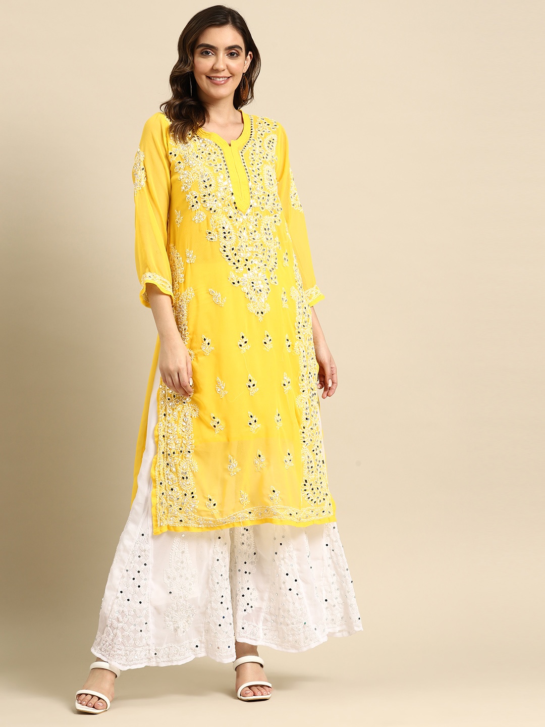 

Saadgi Women Ethnic Motifs Chikankari Mirror Work Kurta with Palazzos, Yellow