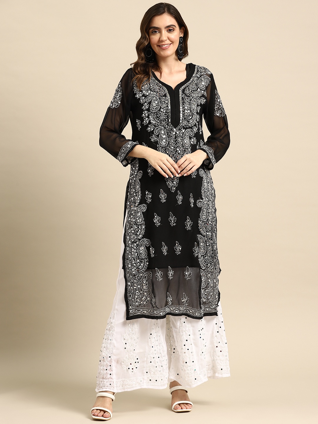 

Saadgi Women Ethnic Motifs Chikankari Mirror Work Kurta with Palazzos, Black