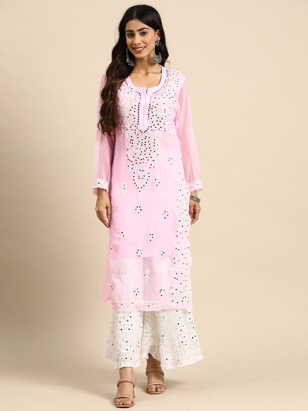 

Saadgi Ethnic Motifs Embroidered Regular Chikankari Kurta With Sharara, Pink